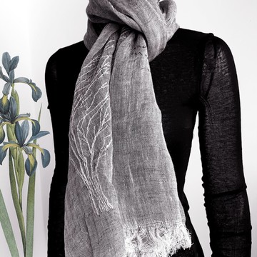 *手工刺繡糸列*  四季適用 雙色全麻圍巾 tree in wind