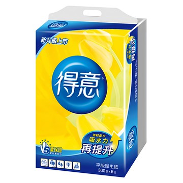 得意 平版衛生紙 300張 紙質細緻柔軟 柔韌不易破  6包  1袋