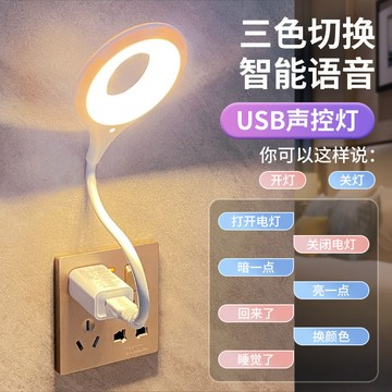 💡【智能小夜燈】可調節亮度語音控制 臥室USB接口夜用護眼檯燈 聲控感應 台灣出貨