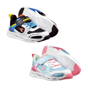 DIADORA迪亞多那 電光時尚童鞋 童運動鞋 兒童鞋 酷炫閃燈 魔鬼氈 寬楦 透氣 保護後跟 吸震 抗菌 黑白藍 藍粉