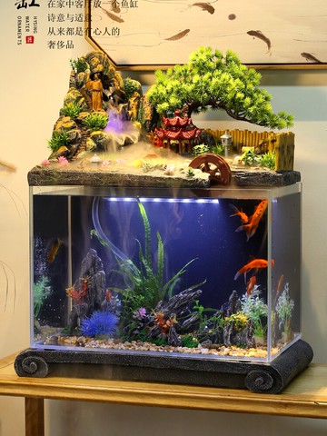 中式生態魚缸假山流水擺件大號透明送禮物品田園微景觀循環水養魚