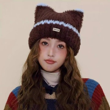 🥇臺灣熱賣🥇日系甜美可愛貓耳朵毛絨帽子女2025新款冬季保暖護耳顯臉小針織帽