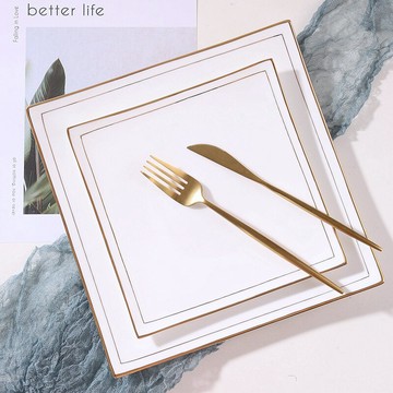 金邊早餐盤四方西餐盤創意餐具家用碟子骨瓷菜盤子平盤陶瓷牛排盤