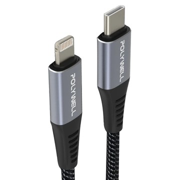 POLYWELL 寶利威爾 Type-C Lightning 蘋果PD快充編織線 iPhone PW15-W45-A286  灰色  1條  2m