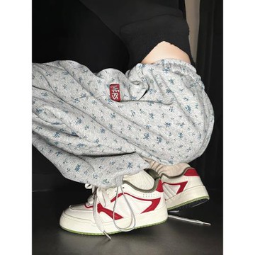 灰色碎花運動褲女寬松直筒2025新款秋季高腰休閑闊腿褲小個子衛褲