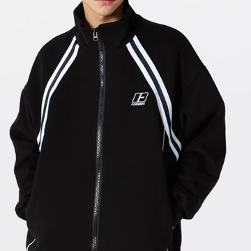 秋季新款帥氣立領三道槓條紋斜紋拼接夾克男 刺繡情侶潮牌外套