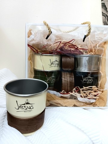 304不銹鋼疊杯 附木質防燙杯套 十架恩語咖啡杯 基督教禮品