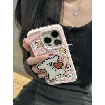guanview 可愛愛心發射線條小狗適用16pro波漾磁吸iphone16promax轉轉支架12蘋果15pro全包硅膠14軟13防摔套