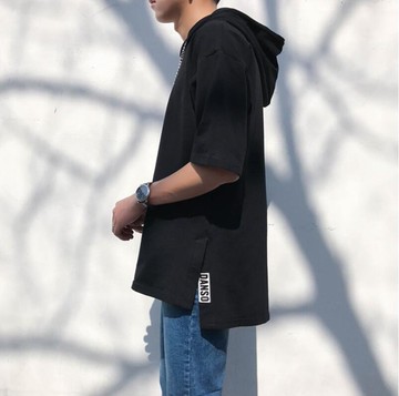 FINDSENSE品牌 時尚潮流 男 寬鬆 連帽 套頭 短袖衛衣 短袖T恤