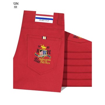 春秋彩色休閑褲潮男褲子高端刺繡中腰直筒長褲純棉彩褲本命年紅色