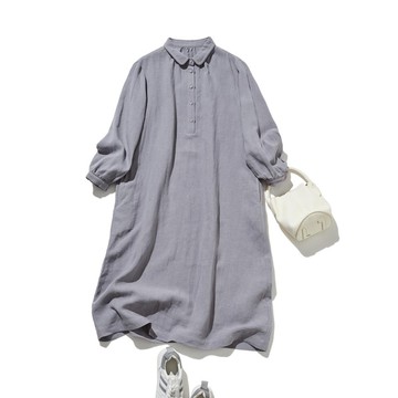散發雅緻氣息的法式亞麻A字洋裝｜亞麻洋裝 灰色250916-1
