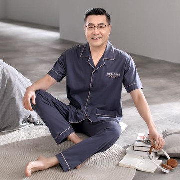 2023年男士睡衣夏季短袖長褲純棉薄款爸爸中老年人半袖家居服套裝