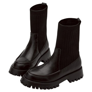 【Grace Gift】小貓聯名-經典百搭2WAY真皮彈力輕量襪套短靴