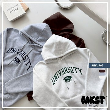 【MKST.STUDIO】UNIVERSITY 圓標刺繡刷毛帽TEE 長袖上衣 冬季長袖 連帽上衣 男生服飾 韓系男裝