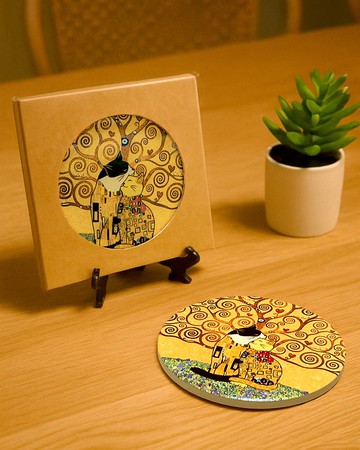 【陶瓷吸水杯墊】The kiss 親親貓咪 - 克林姆 ‧ 吻