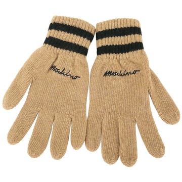 MOSCHINO 刺繡草寫字母條紋羊毛混紡針織手套(駝色)