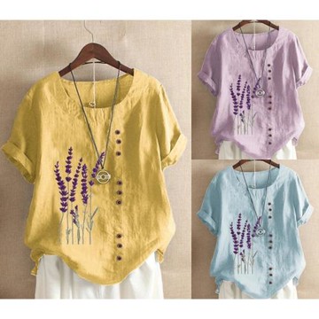 麗莎熊 LisaBear 大尺碼前鈕扣薰衣草印花棉麻上衣 S~5XL 多色可選