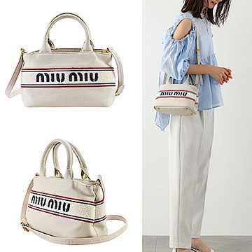 MIU MIU 新款雙色帆布織花標誌小款手提/肩背包 (白色)