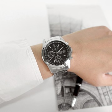 SEIKO 精工 / SND309P / 三眼計時 日期 防水100米 不鏽鋼手錶 黑色 38mm