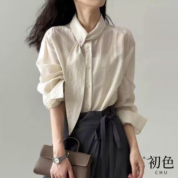 初色 韓系純色單排釦圍巾領長袖休閒襯衫上衣女上衣-共2色-16270(M-2XL可選)