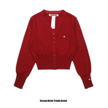 badblood韓國秋冬季美式復古紅針織開衫外搭短款辣妹針織毛衣外套