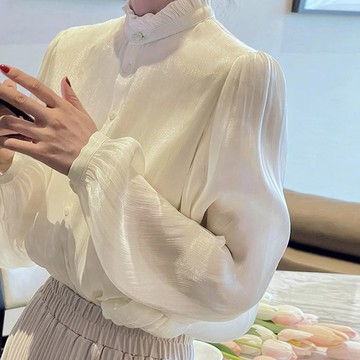 流光質感法式襯衫女2025秋季新款木耳邊立領甜美優雅別緻打底上衣