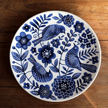 剪紙花藍色陶瓷盤子美式鄉村平盤餃子盤裝飾盤簡約風菜盤面碗