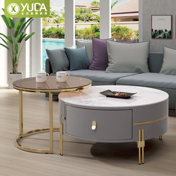 【YUDA】加百列岩板茶几組 強化玻璃茶几 不鏽鋼腳座金色電鍍 質感茶几(北部免運)