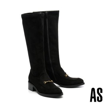 長靴 AS 復古質感馬銜釦彈力麂布高跟長靴－黑