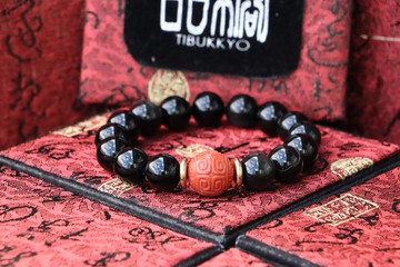原礦天然黑曜石手珠 12mm 柿子紅南紅瑪瑙回紋珠 佛珠手鍊飾品