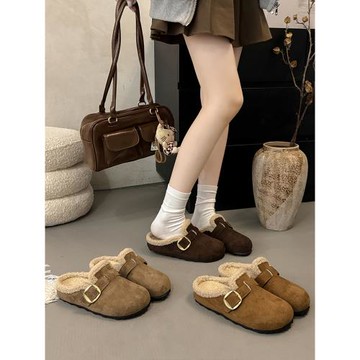 加絨勃肯鞋毛毛鞋女外穿2025新款秋冬季一腳蹬包頭半拖鞋博肯棉鞋