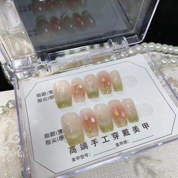 手工穿戴甲高端成品甲片批發可拆卸手繪郁金香貓眼假指甲貼片顯白