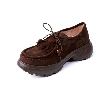 (限時⬊3折)GREEN PINE波希米亞流蘇綁帶羊皮厚底老爹鞋 巧克力咖色 (00868152)