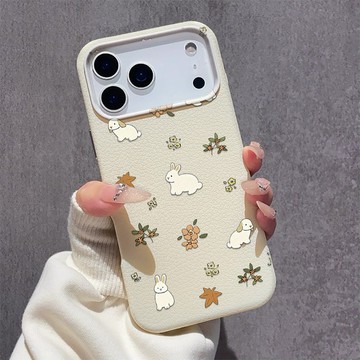 簡約風小兔子 iPhone17手機殼 蘋果16plus大孔皮紋15pro軟殼 14 13 12 11 日常防撞防摔手機殼