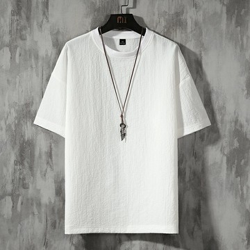男士亞麻短袖t恤ins潮牌肌理感白色半袖體恤棉麻冰絲打底衫上衣服