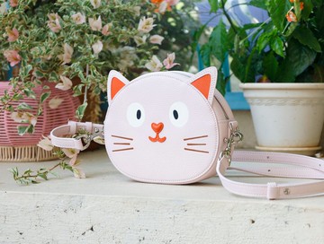 真皮手作貓咪斜背包 親子可用迷你包 立體貓臉 可調背帶小包