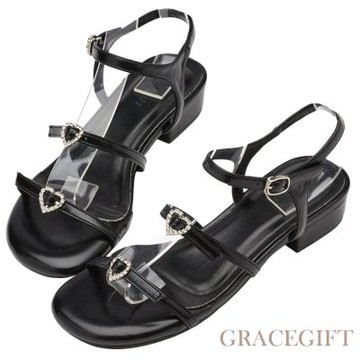 【Grace Gift】夢露日常愛心水鑽雙帶繞踝中跟涼鞋 黑