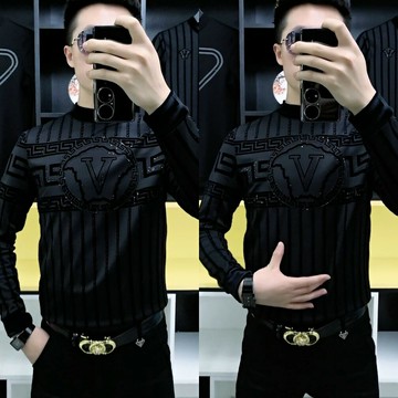 GK3991早春新款圓領長袖t恤男士歐洲站潮牌植絨燙鉆黑色時尚衛衣