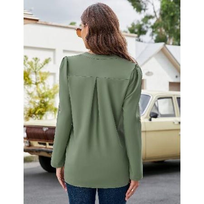 MISSKY Women's Long Sleeve Blouses V Neck Pleated Chiffon Tunic ...