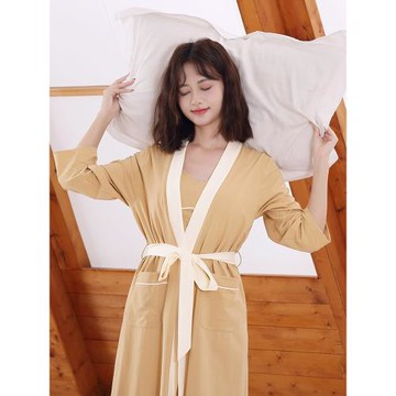 純棉睡袍晨袍女春夏款長袖三件套純色寬松大碼氣質睡裙帶胸墊浴袍