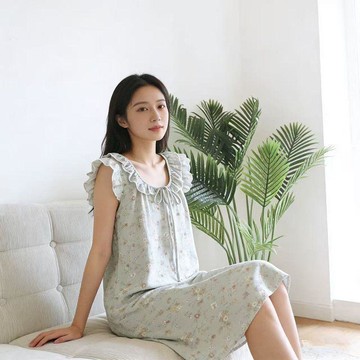純棉睡裙 透氣 排汗 碎花無袖連衣裙女夏季純棉薄款家居睡裙居家宿舍甜美雙層紗布睡衣0605