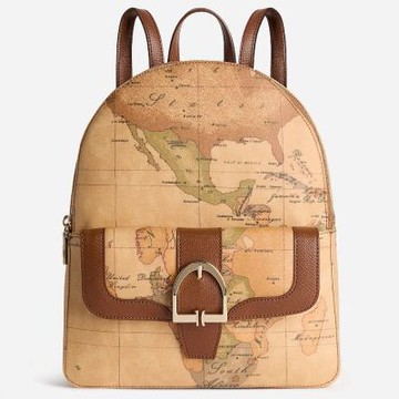 Alviero Martini 義大利地圖包 皮革釦環裝飾 拉鍊雙層後背包30cm-地圖黃x咖啡色