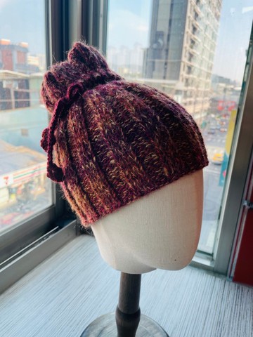 革物製織丨羊毛蠶絲毛海_超長脖圍兩用毛帽_黃金朱紅系