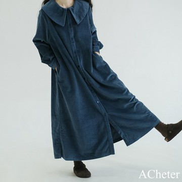 【ACheter】藍色荷葉領寬鬆長袖連身裙復古燈芯絨顯瘦長洋裝外罩# 123525(現貨+預購)