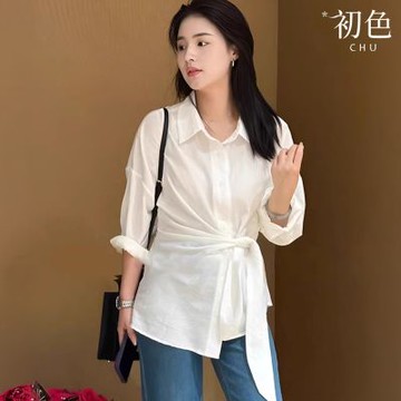 初色 韓系翻領單排釦修身顯腰綁帶長袖襯衫上衣女上衣-共2色-15233(M-XL可選)