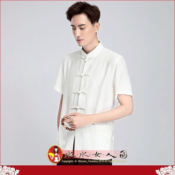 中國風男裝短袖唐裝上衣 優質純色復古棉麻一字扣精繡中式男裝 中山裝漢服男青年時尚必備T恤｜晨光 白色｜水水女人國