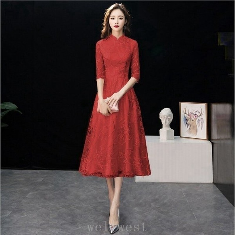 パーティードレス安い可愛いイブニングドレス結婚式披露宴パーティーウエディングドレス花嫁シアースタンドカラー ミドル 通販 Lineポイント最大get Lineショッピング