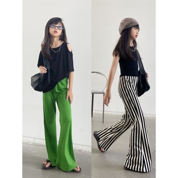 豆丁奇遇兒童薄款綠色垂墜感大童條紋嗽叭褲韓范童裝女童褲子黃色