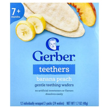 Gerber, 牙膠，溫和磨牙餅，7 個月以上，香蕉蜜桃味，12 個獨立包裝，2 包，每包 0.14 盎司（4 克）