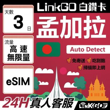 LinkGO白鑽卡 孟加拉 eSIM卡 3天上網卡 高速不限流量吃到飽(孟加拉網卡 達卡 索納岡 古都索納貢)